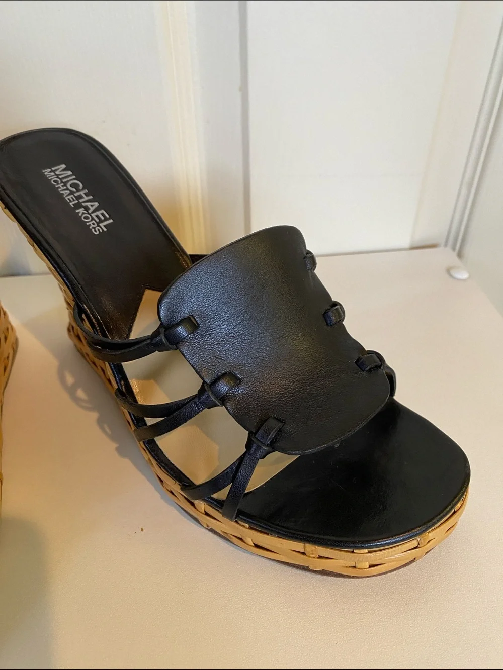 Michael Kors Black Leather Strappy Wedge Sandals with Tan Woven Platform